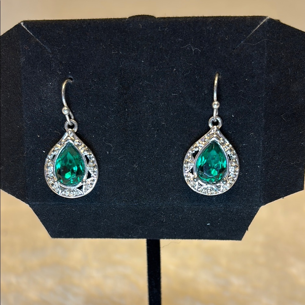Elegant Silver and Green Teardrop Earrings Pierced Wire Dangle